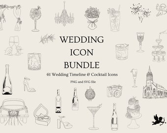 Könnte beinhalten: Ein Set mit 61 schwarzen und weißen Linien-Hochzeits-Icons, darunter eine Kirche, eine Hochzeitstorte, eine Champagnerflasche, ein Blumenstrauß, ein Hochzeitsbogen, eine Discokugel, eine Kamera, ein Paar High Heels, ein Cocktailglas, eine herzförmige Schachtel, ein Auto, ein toastendes Paar, ein Ring, ein Feuerwerk, ein Engel und ein Zweig Grün. Der Text "Wedding Icon Bundle" und "61 Wedding Timeline & Cocktail Icons" ist im Bild enthalten. Der Text "PNG and SVG file" ist ebenfalls im Bild enthalten.