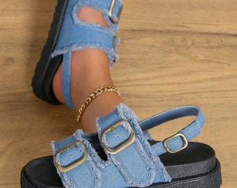 Mode Bleu Sandales Pour Femme À Boucle Plate-Forme Sandales À Bride Arrière