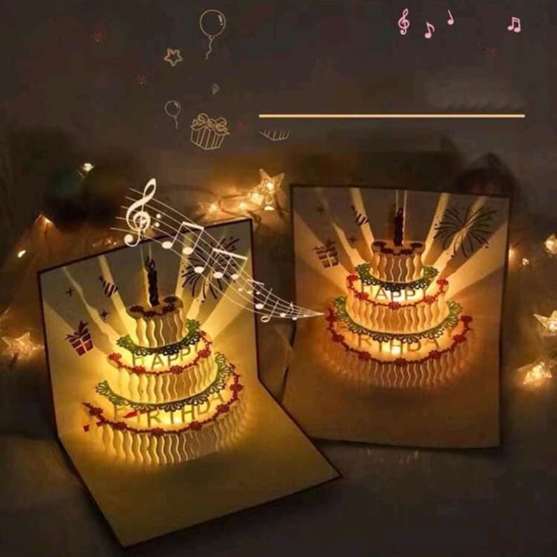 3D Carte Pop Up happy birthday joyeux Anniversaire Gâteau Surgir, Carte De Vœux Avec Musique & Lampe et Enveloppe image 2