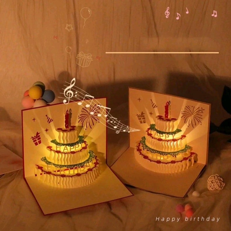 3D Carte Pop Up happy birthday joyeux Anniversaire Gâteau Surgir, Carte De Vœux Avec Musique & Lampe et Enveloppe image 4