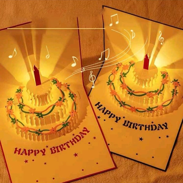 3D Carte Pop Up happy birthday" joyeux Anniversaire " Gâteau Surgir, Carte De Vœux Avec Musique & Lampe et Enveloppe