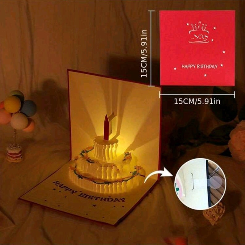 3D Carte Pop Up happy birthday joyeux Anniversaire Gâteau Surgir, Carte De Vœux Avec Musique & Lampe et Enveloppe image 9