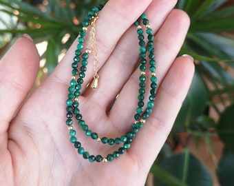 Malachite Beaded Necklace With Silver or Gold Beads, 3.5 mm Genuine Green Faceted Malachite Jewelry, Malachite Choker, Gift For Women