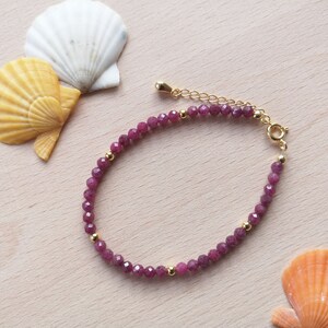 Faceted Ruby Beaded Bracelet: 14K Gold Vermeil Sterling Silver, July Birthstone