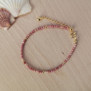 Dainty Rhodonite Bracelet: Faceted Pink Gemstone, Gold Vermeil Beads