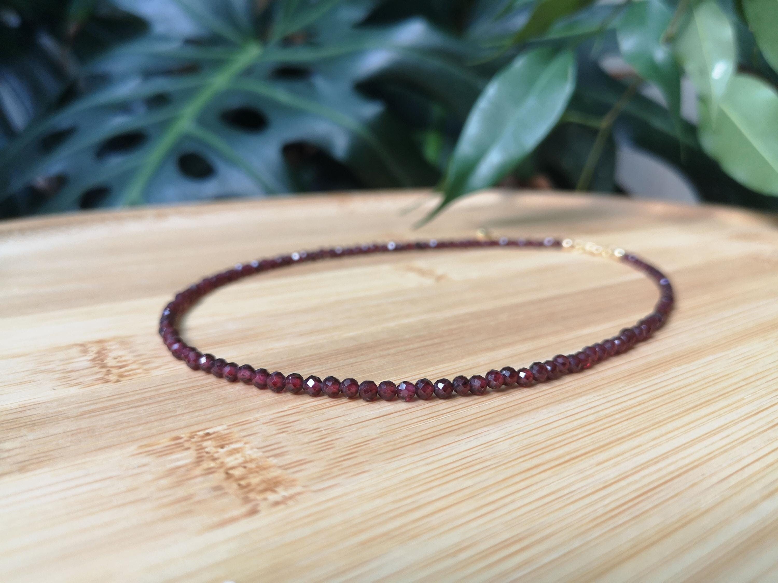 Garnet Beaded Necklace, 3 mm Faceted Garnet Choker, January Birthstone, Red Christmas Jewelry, Silver or Gold Elements, Gift For Women