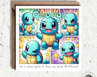 Personalised Squirtle Birthday Card, Squirtle Birthday Card, birthday card, son, daughter Squirtle birthday, personalised card, Fan art
