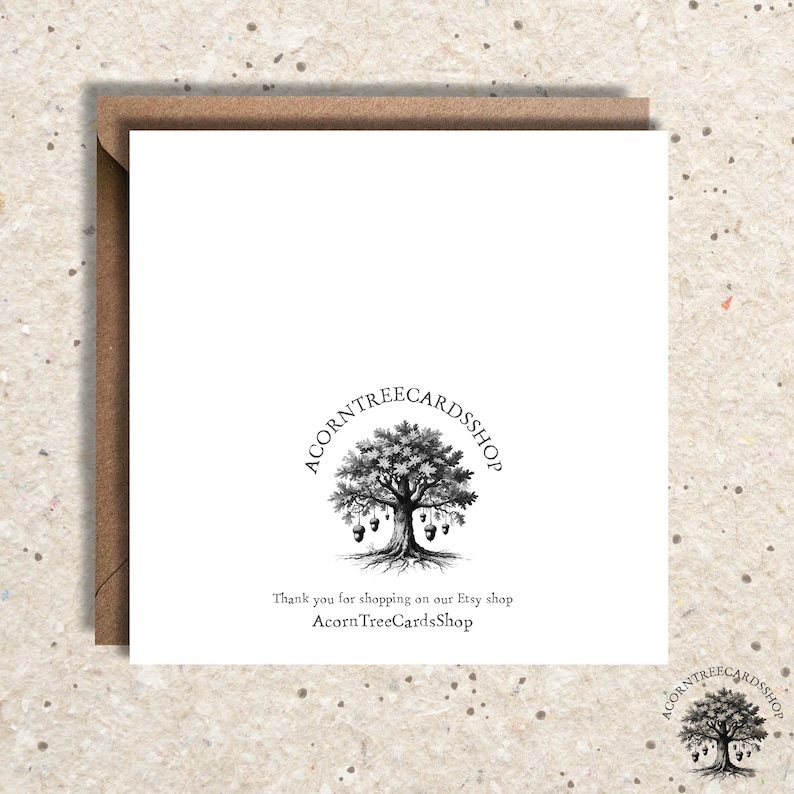 May include: A black and white illustration of a tree with acorns hanging from its branches. The text "AcornTreeCardsShop" is written in a circle around the tree. The text "Thank you for shopping on our Etsy shop AcornTreeCardsShop" is written below the tree.