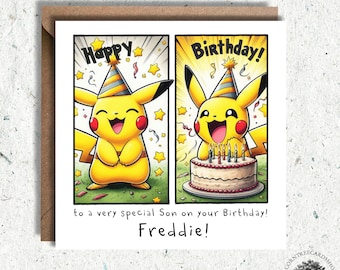 Personalised Pikachu Birthday Card, Pikachu Birthday Card, birthday card, son, daughter Pikachu birthday, personalised card, Fan art