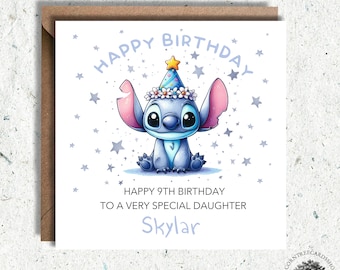 May include: A birthday card featuring a blue cartoon character wearing a party hat with a white flower crown. The character is surrounded by silver stars. The text on the card reads "Happy 9th Birthday to a very special daughter Skylar".