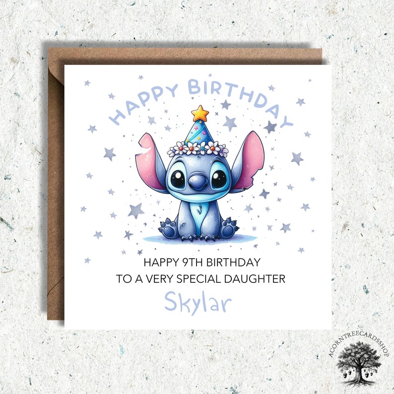 May include: A birthday card featuring a blue cartoon character wearing a party hat with a white flower crown. The character is surrounded by silver stars. The text on the card reads "Happy 9th Birthday to a very special daughter Skylar".