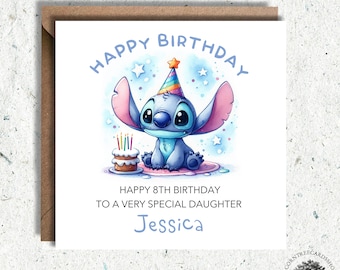 May include: A birthday card featuring a cartoon Stitch character wearing a party hat and holding a cake with candles. The card says "Happy 8th Birthday to a very special daughter Jessica".
