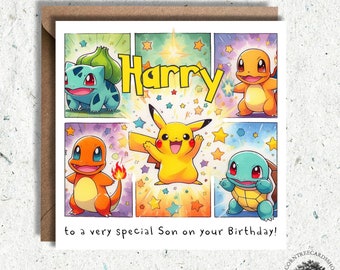 Personalised Pikachu and friends Birthday Card, Charmander Birthday Card, Squirtle birthday card, Bulbasaur birthday card, Fan Art