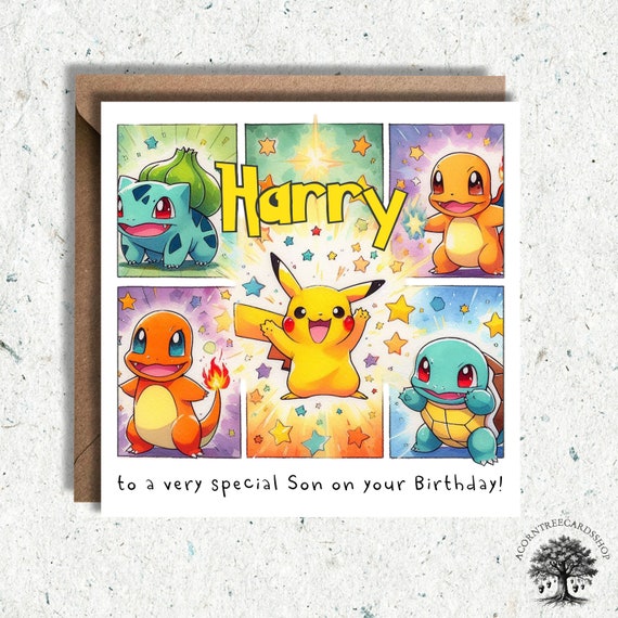 Personalised Pikachu and friends Birthday Card, Charmander Birthday Card, Squirtle birthday card, Bulbasaur birthday card, Fan Art