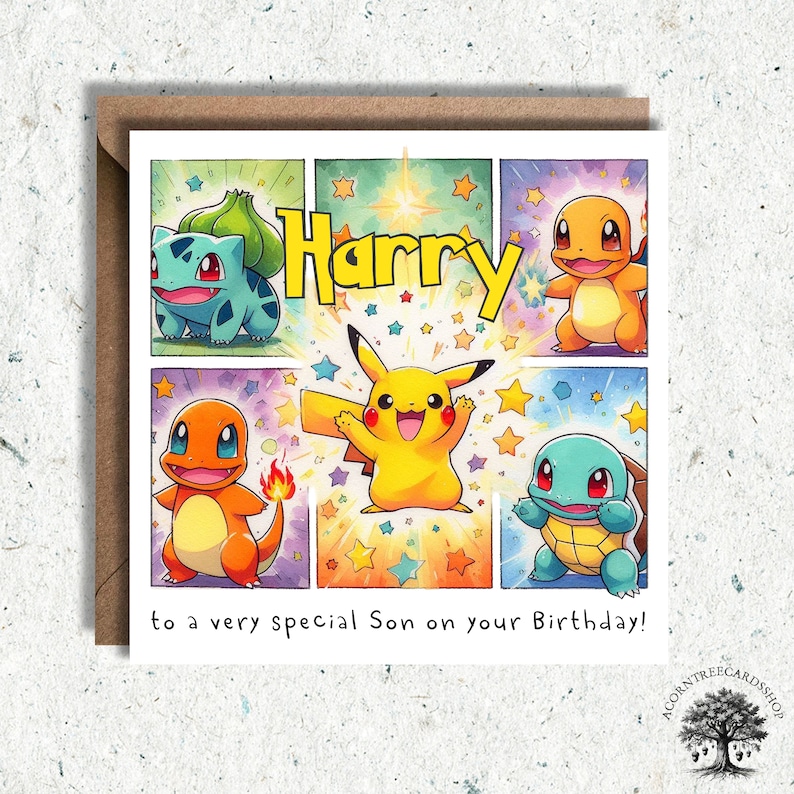 May include: A birthday card featuring a comic book style illustration of Pokemon characters. The card says "Harry to a very special Son on your Birthday!"