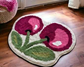 Tufted Cherry Rug for Bedroom, Soft and Absorbent Cherry Rug, Funky Bath Mats, Comfortable Bedroom Carpets, New Home Gift, Housewarming Gift