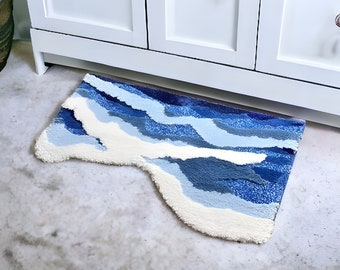 Tapis bleu funky vagues de l'océan pour chambre à coucher, tapis de salon moelleux bleu mer, tapis de chambre doux et confortable, cadeau de pendaison de crémaillère, cadeau pour une nouvelle maison