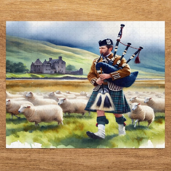 Best Scottish Bagpiper Highland Landscape Puzzle, Scenic Scottish Artwork Gift, Adult Jigsaw Puzzle, Game Night Gift, Relaxing Brain Game