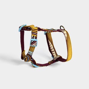 Könnte beinhalten: Ein burgunderfarbenes und gelbes Hundegeschirr mit einer blauen Schnalle und einem gemusterten Design. Das Geschirr hat einen Metallring zum Anbringen einer Leine.