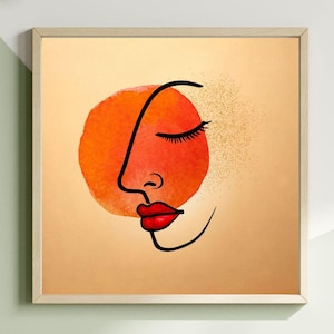 Puede incluir: Un dibujo de línea minimalista de una cara con los ojos cerrados y labios rojos, sobre un fondo de acuarela de un círculo naranja grande con purpurina dorada.