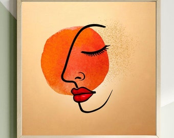 Minimalist line art woman in profile, watercolor background, abstract printable poster, wall decor - Gift for her