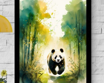 Giant Panda Bear Running in the Forest | Green Watercolor Printable Art | Cute Panda in Sunset | Home Decor