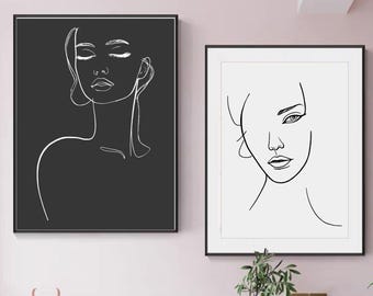 Set of 2 Decorative Illustrations Woman Line Art - Minimalist Female Faces - Elegant Painting - Home Decor