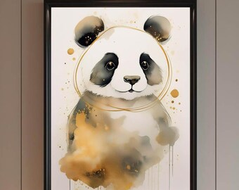 Minimalist giant panda watercolor in black and gold tones | Cute image | Home decor | Love pandas
