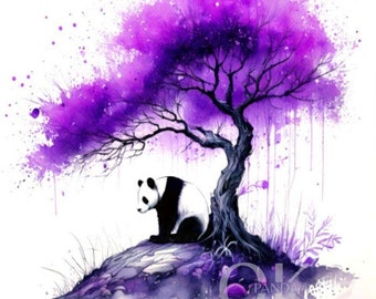 Giant Panda Bear Painting Under a Tree - Printable Design - Cute Home Decor, Purple Painting Designs