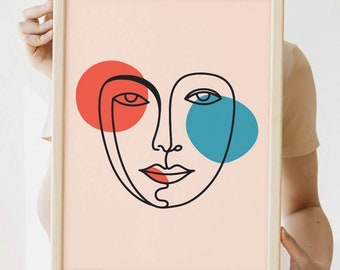 Printable line art. Line art face, face lines. Boho decor, minimalist face art print, abstract silhouette.