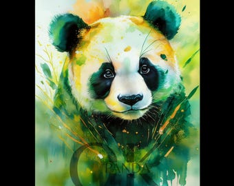 Giant Panda Watercolor Painting | Cute Panda Look | Green & Gold Tones | Modern Art Home Decor & Every Room