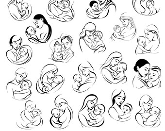 Minimalist Mom and Baby Drawings – Printable Line Art – Ideal for Mother's Day – Files for Mugs and Bags