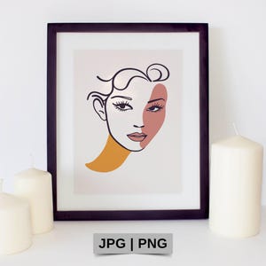 以下が含まれることがあります： 女性の顔のミニマリストな線画が特徴の、額装されたアートプリント。アートワークは、黒い線とピーチとマスタードイエローのアクセントを使用しています。プリントは黒いフレームに入っており、白い背景に配置されています。
