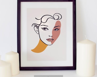 Minimalist Line Art Woman Portrait | Female line art with light and shadow | Elegant and expressive illustration of a woman's face