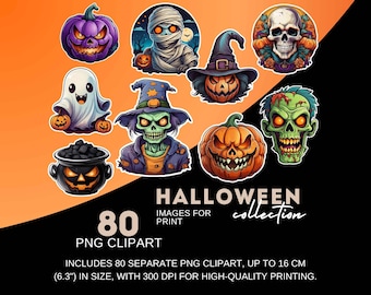 80 Printable Halloween PNGs | 300 DPI | Mugs, Bags, Stationery, Crafts, Decorations | Pumpkins, zombies, ghosts, witches...