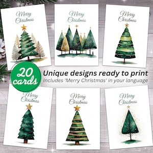 Conjunto de 20 cartões de Natal com lindos pinheiros - Imprima-os em casa em papel A4 ou carta e você terá um cartão de 5 x 7 polegadas