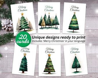 Set of 20 Christmas cards with beautiful pine trees - Print them at home on A4 or letter paper and you'll have a 5 x 7 inch card