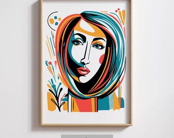 Colorful Minimalist Line Art Woman | Vibrant and contemporary multicolored feminine line art | Printable modern wall art