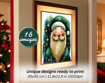 Watercolor Christmas images | 30x30 cm (300 dpi) wall art in green and gold tones, featuring motifs of love, peace, and hope.