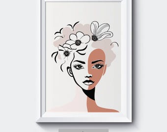 Minimalist Line Art Woman Face | Minimalist design of a woman's face with a confident and steady gaze | Delicate art for home decor
