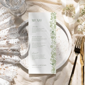 Grünes Hochzeitsmenü | Romantische Blumen | Bearbeitbares digitales Einladungsmenü zum Ausdrucken | Sofortiger Download | Anpassbare Vorlage