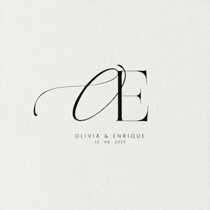 May include: A wedding monogram with the letters "OE" in a cursive font. The text "Olivia & Enrique" and the date "12.08.2025" are below the monogram.