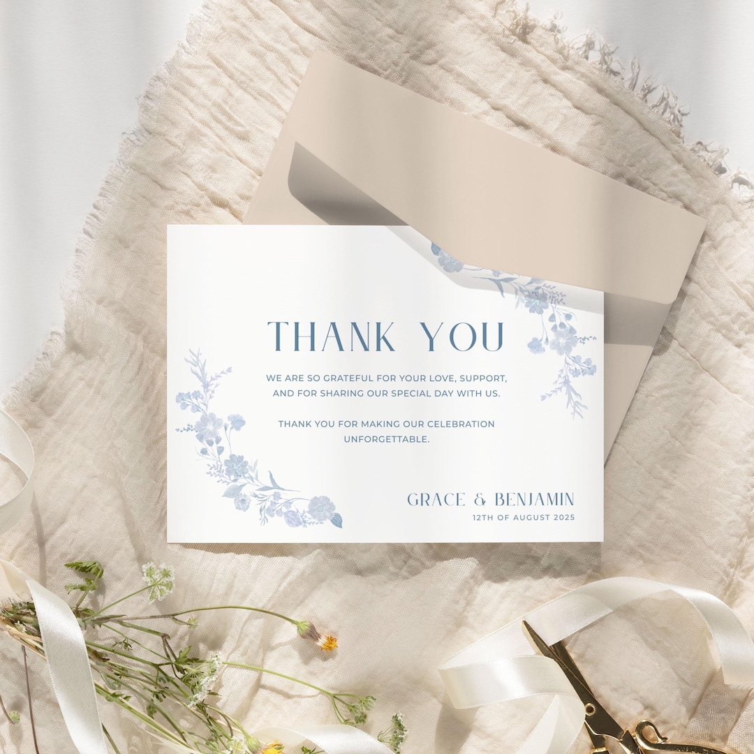 Wedding Thank You Card | Blue Romantic Flowers | Digital Guest Card for ...