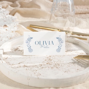 Marcador de Lugar Casamento Azul | Flores Românticas | Cartão Nome Digital, Editável, Download Instantâneo, Modelo Personalizável, Impressão
