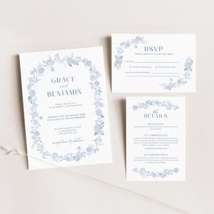 Conjunto Convite de Casamento Azul | Flores Românticas | RSVP, Detalhes, Digital Editável, Impressão | Download Instantâneo | Personalizável