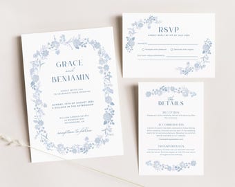 Set di modelli per inviti di nozze romantici | Fiori blu | RSVP | Download immediato | Stampabile, digitale | Modificabile in Canva