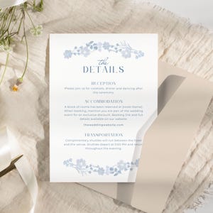 Detalhes Casamento Azul | Flores Românticas | Cartão Detalhes Convite Digital para Impressão | Download Instantâneo | Modelo Personalizável