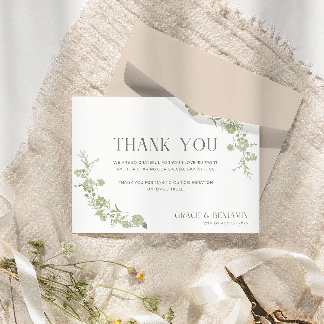 Wedding Thank You Card | Green Romantic Flowers | Editable Digital ...