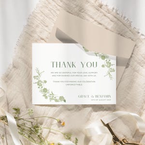 Cartão de Agradecimento Casamento Verde, Flores Românticas, Convite Digital Editável, Impressão, Download Instantâneo, Modelo Personalizável
