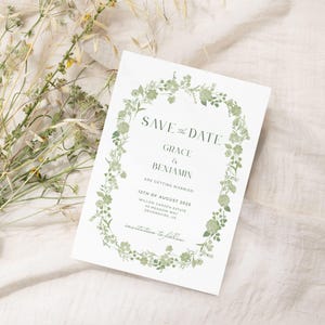 Save the Date Casamento Verde | Flores Românticas | Cartão SVDT Digital Editável para Impressão, Download Instantâneo, Modelo Personalizável